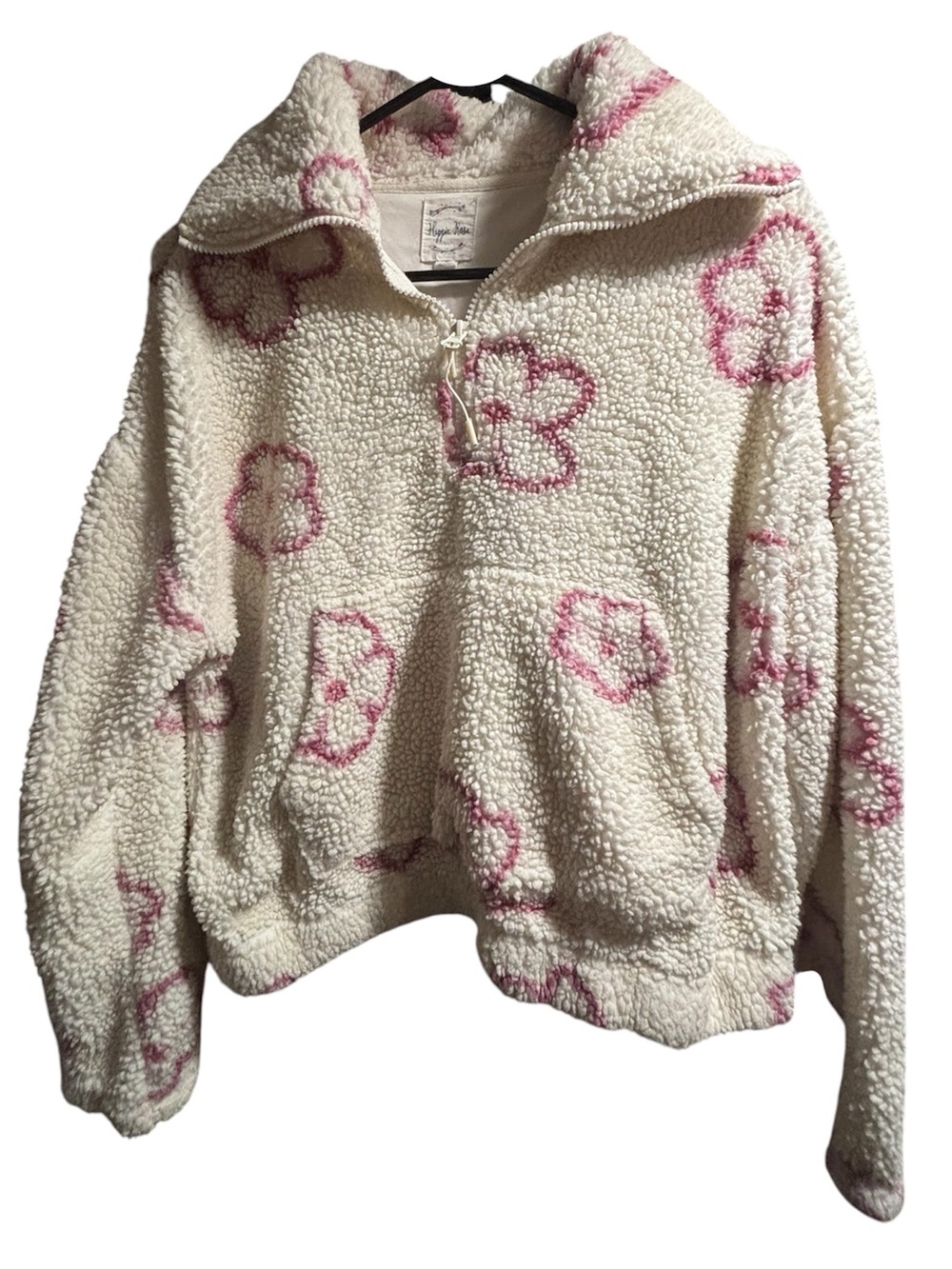 Hippie Rose Cream Sherpa Half-Zip Jacket with Pink Flower Print
